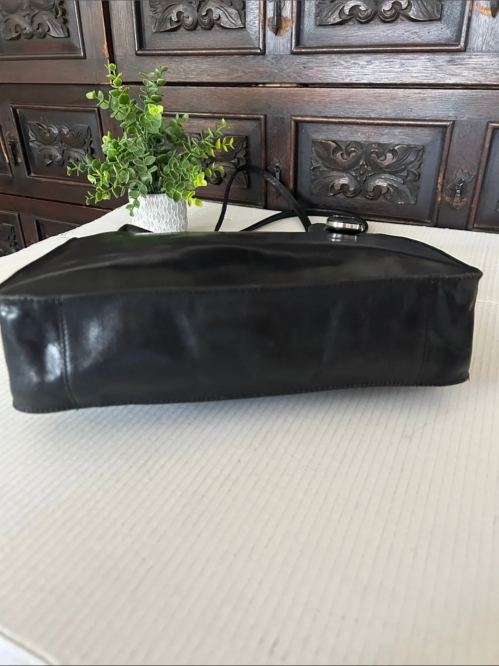 Monsac Black Leather Shoulder Tote with Logo Charm
